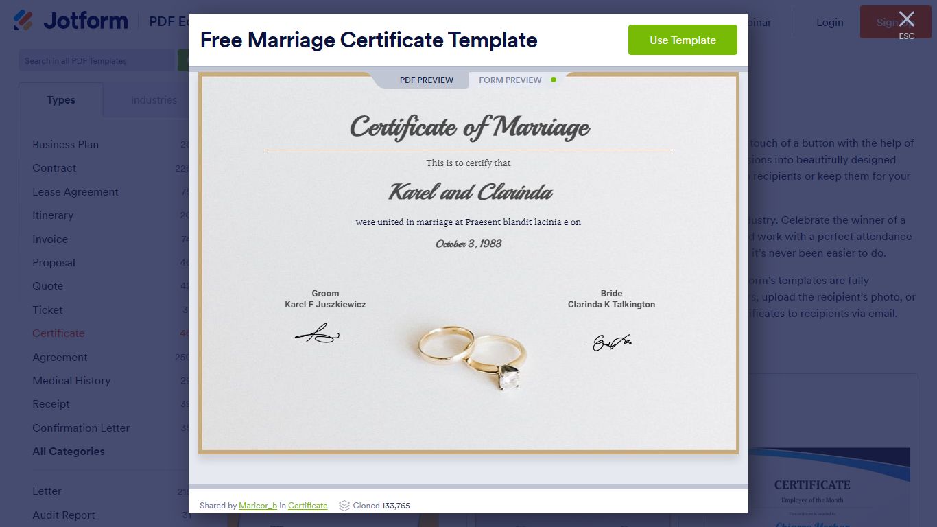 Free Marriage Certificate Template - PDF Templates | Jotform